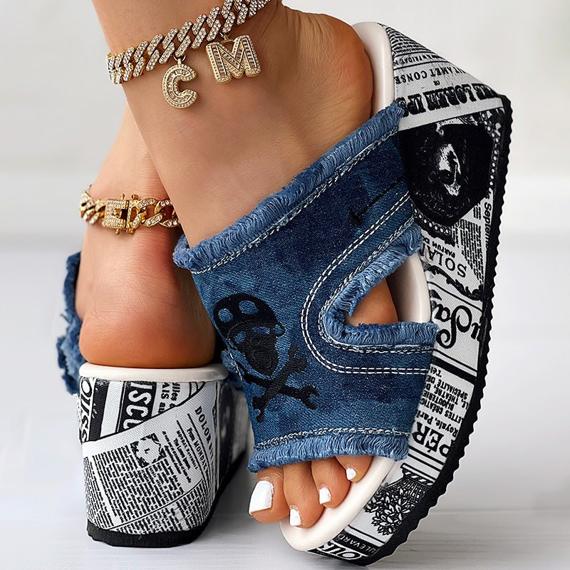 Platform Wedge Sandals with Buckle Strap and Printed Design