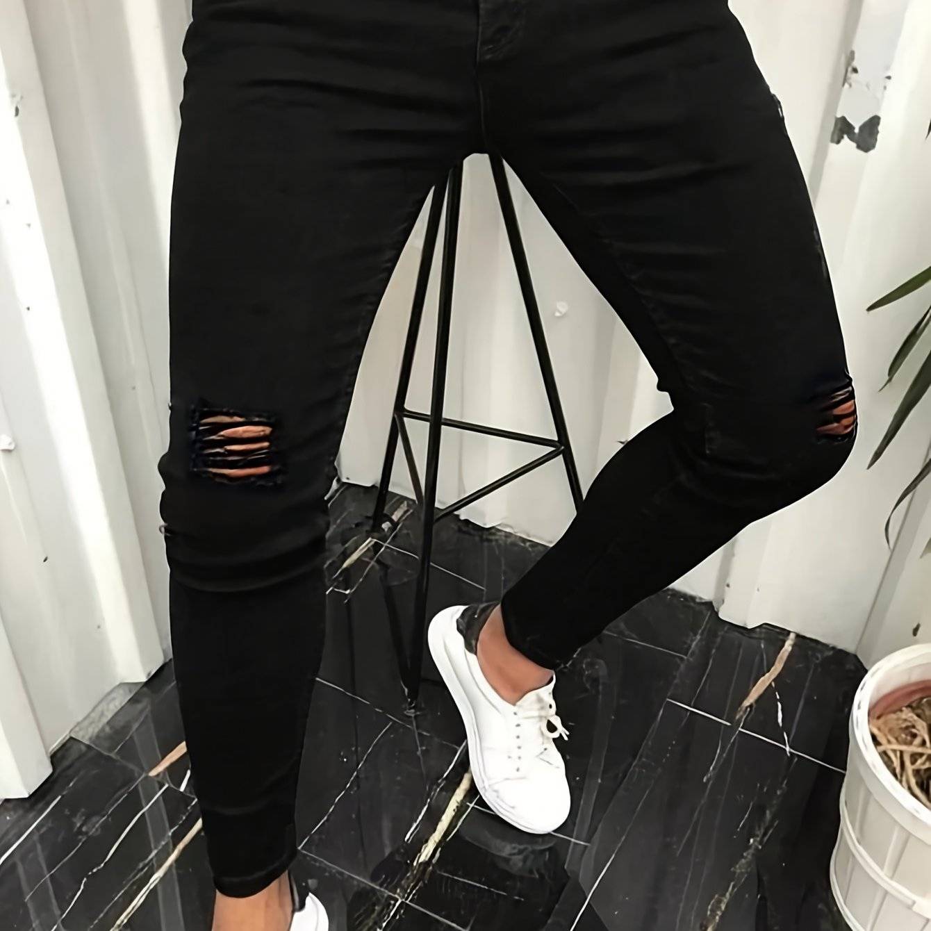 Men’s Stretch Skinny Ripped Jeans – Mid-Rise Distressed Solid Color Denim Pants with Multi-Pocket Workwear Design for Everyday Wear