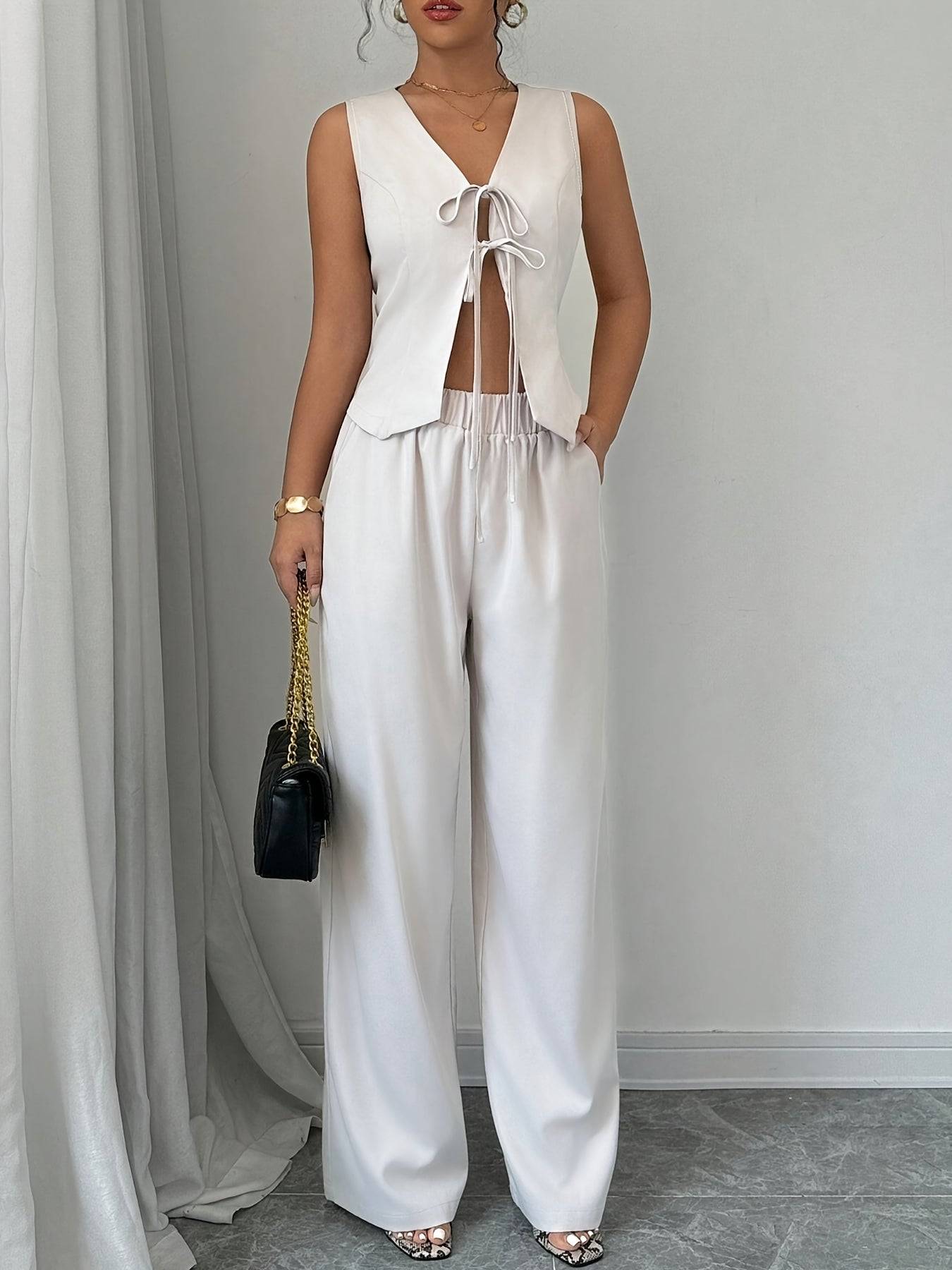 Women’s Elegant Sleeveless Blazer & Wide-Leg Pantsuit, Chic Solid Color Polyester Outfit for Summer Office Wear & Semi-Formal Style