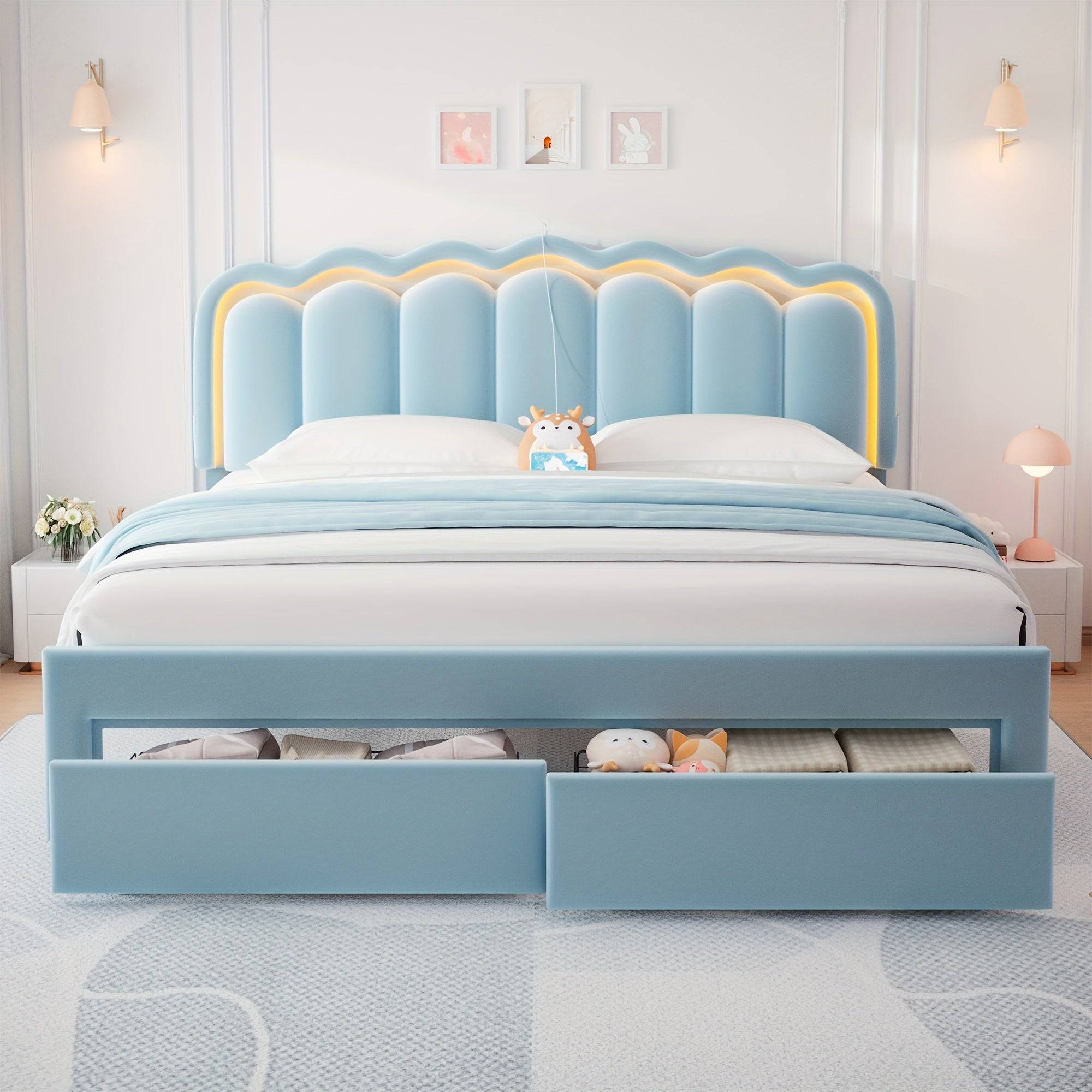 King Size Upholstered Platform Bed with Storage Drawers, Adjustable Headboard, Hardwood Frame, Modern Light Blue Design