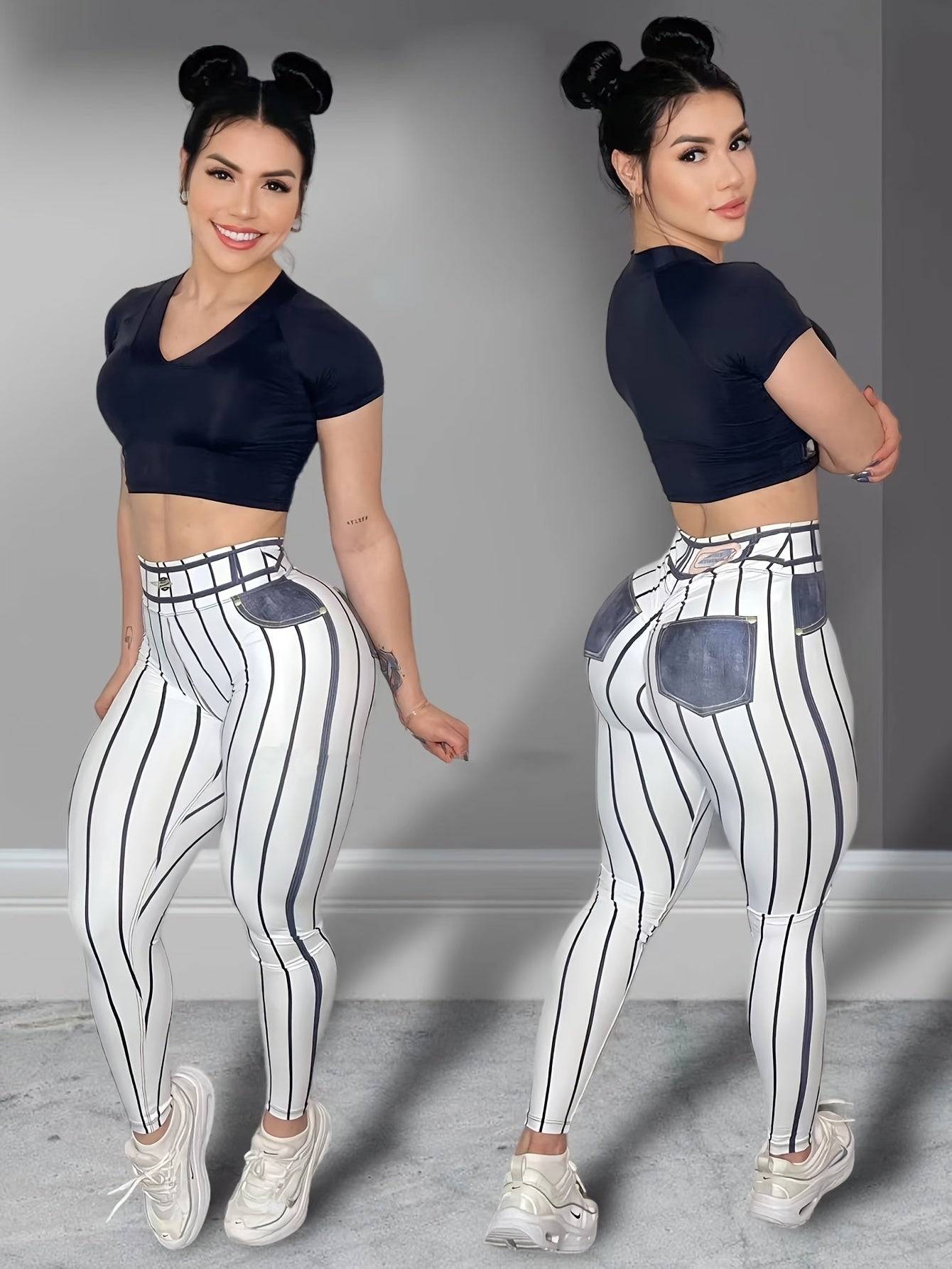 Women's High-Waisted Denim Print Leggings, Stretchy 9" Length Pants with Striped Pattern and Fake Pockets, Slim Fit for Gym and Casual Wear