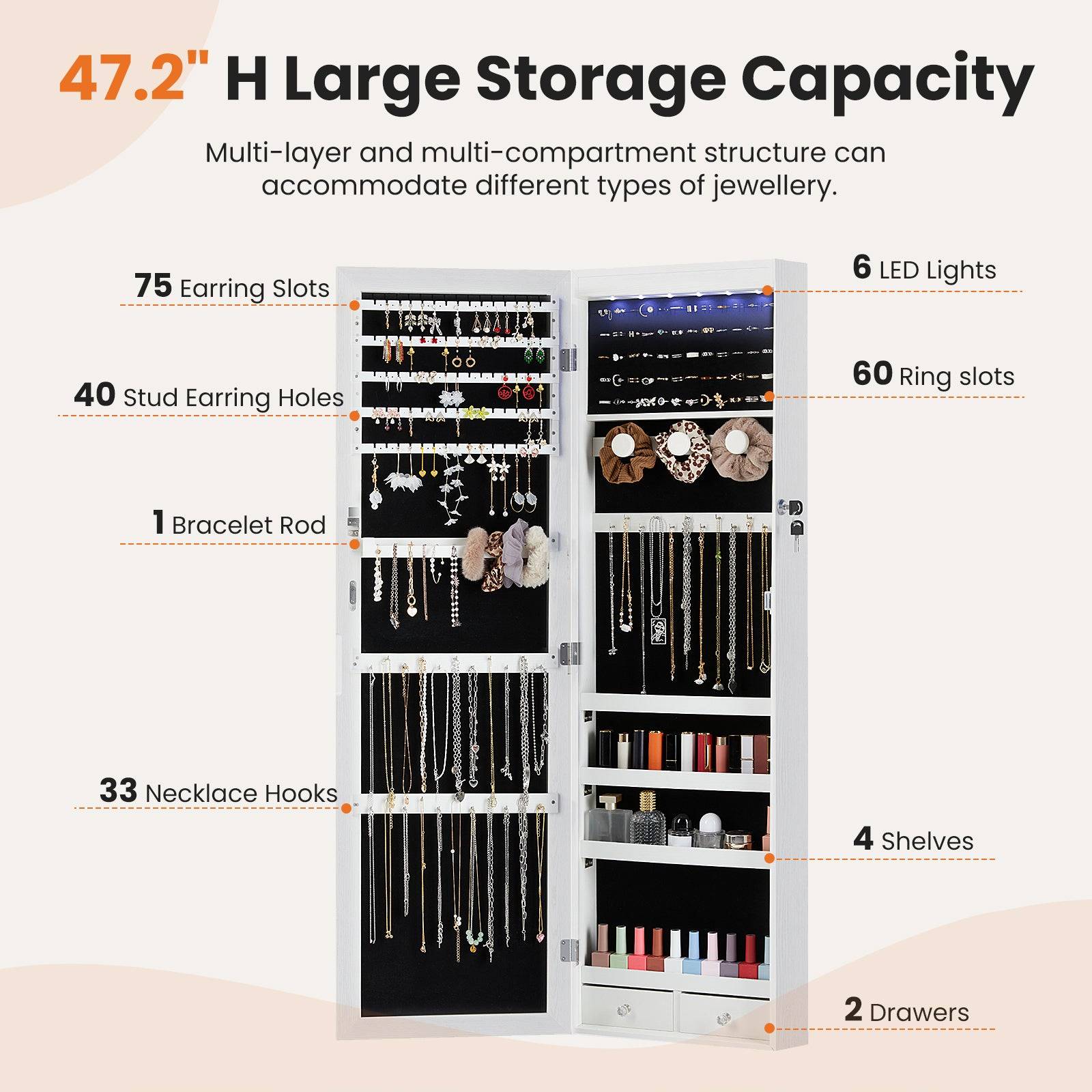 Wall Mounted Jewelry Armoire with Mirror and LED Lights