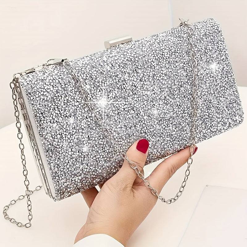 Close-up of glittery rhinestone clutch from the Luxury Evening Bag & Jewelry Set, ideal for weddings and evening events.
