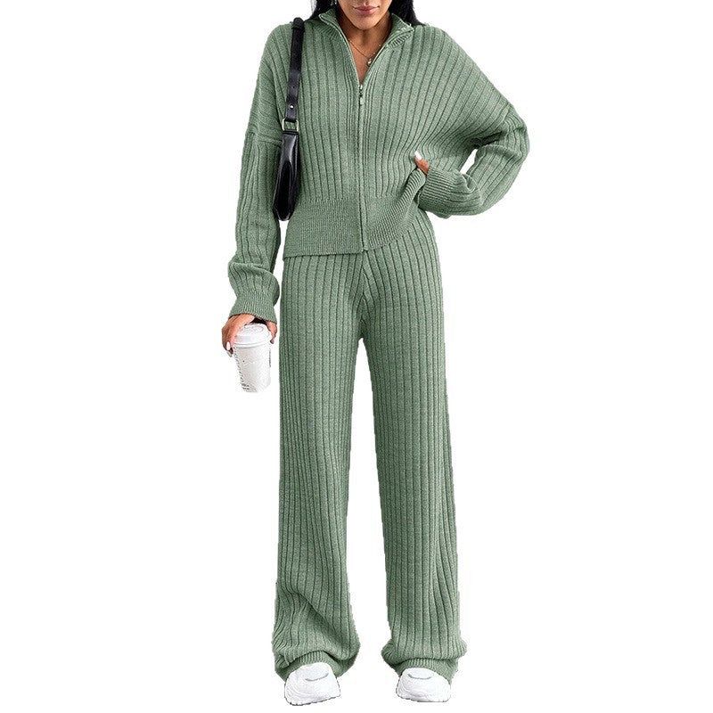 Women's Casual Two-Piece Set for Fall and Winter, Loose Fit Zip-Up Top and Pants
