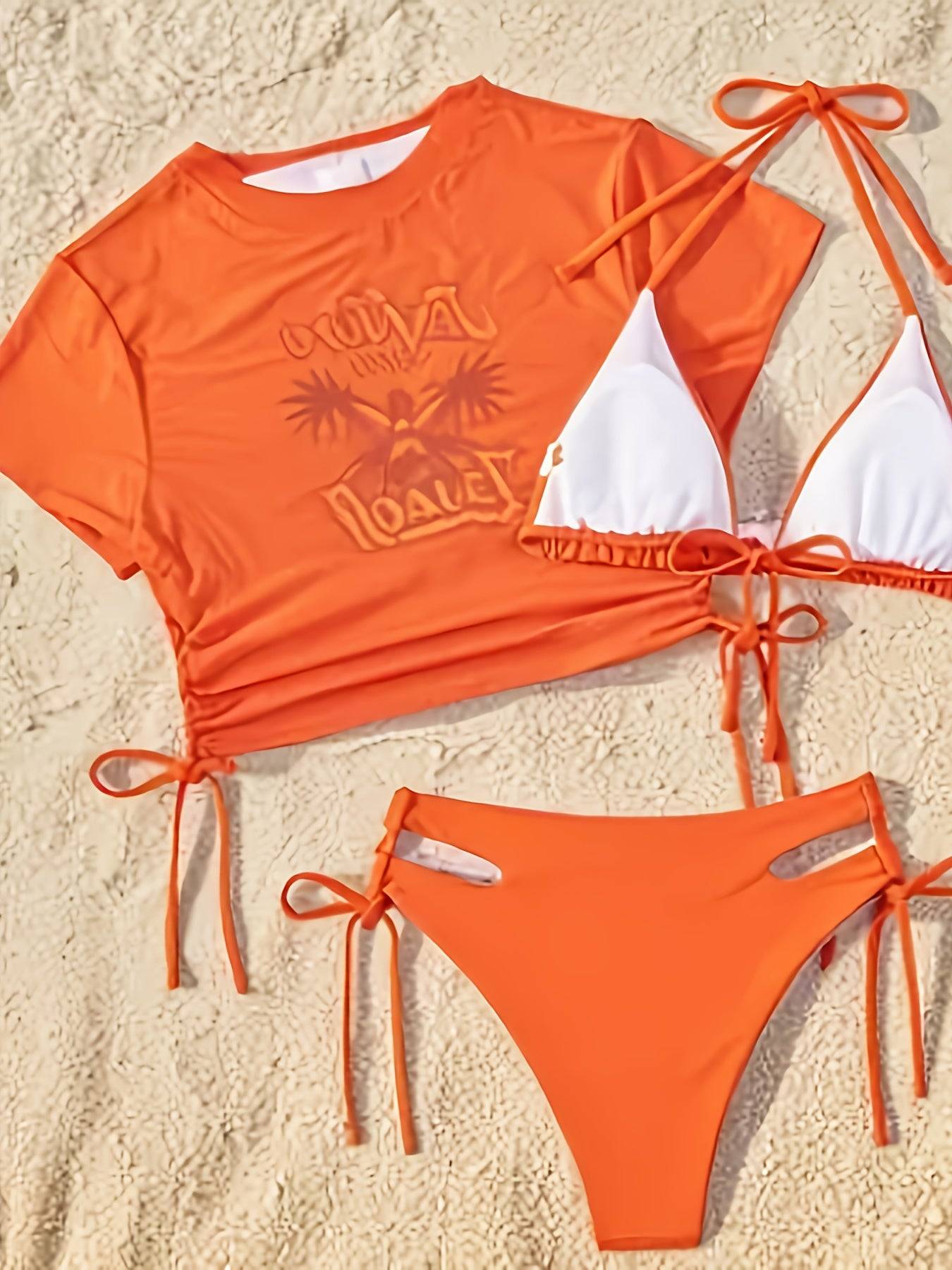 Women’s 3-Piece Bikini Set Halter Triangle Top with Tie Side Bottoms & Cover-Up Coconut Tree Print