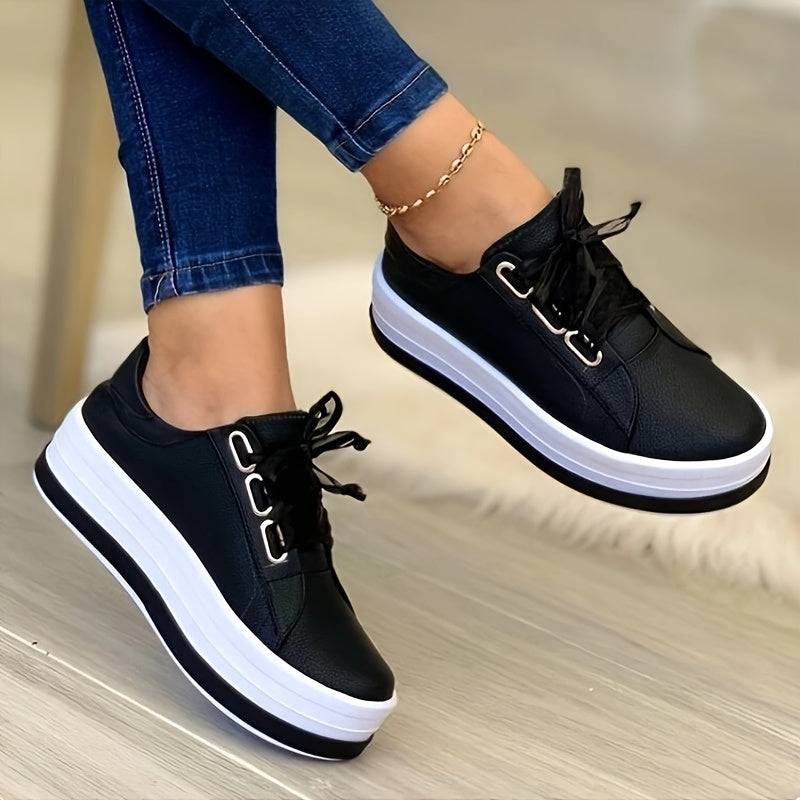 Women’s Chunky Platform Sneakers with Slip-Resistant Rubber Sole, Lace-Up Synthetic Upper & Cushioned Footbed, All-Season Black Shoes