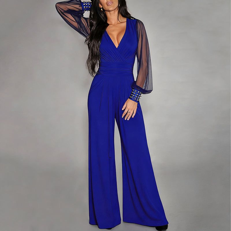 Mesh V Neck Jumpsuit with Wide Leg Silhouette