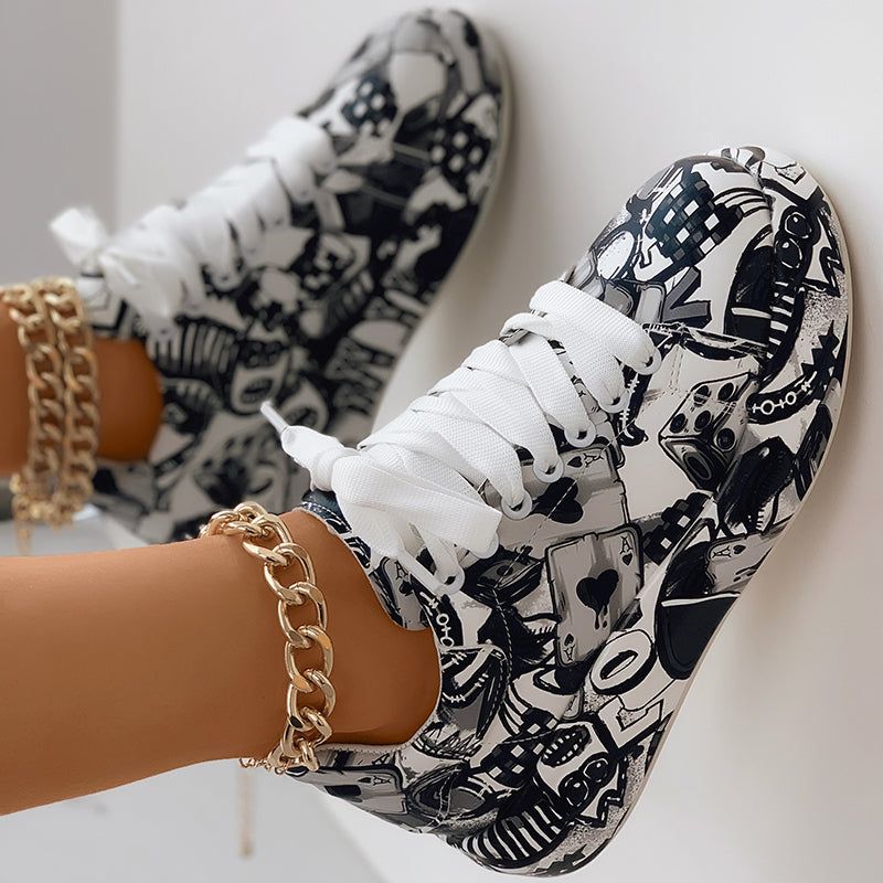 Geometric Print Sneakers With Lace Up Low Top Design