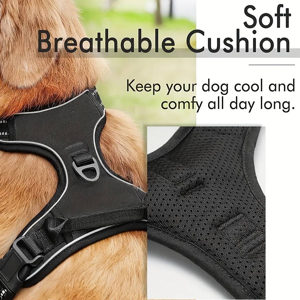 No-pull dog harness set with 5ft leash, foldable water bowl, poop bag holder, for walking, camping, running, black