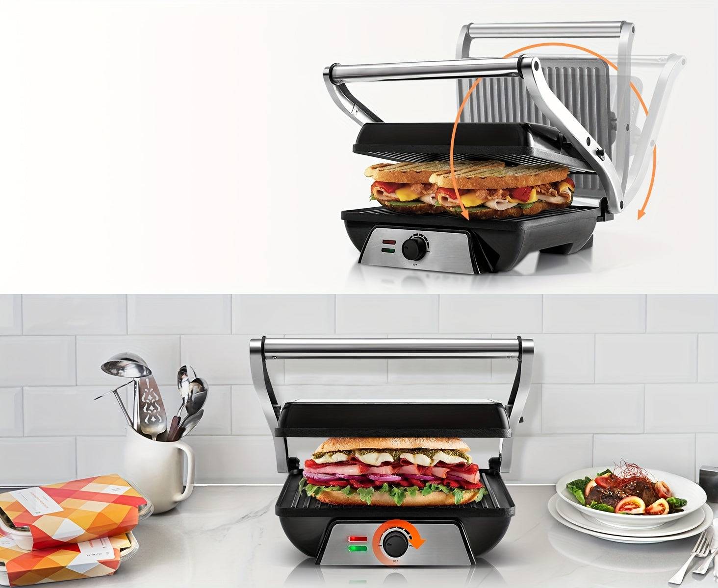 Electric 3-in-1 Panini Press Grill – Non-Stick Plates, 180° Opening & Floating Hinge for Versatile Indoor Cooking
