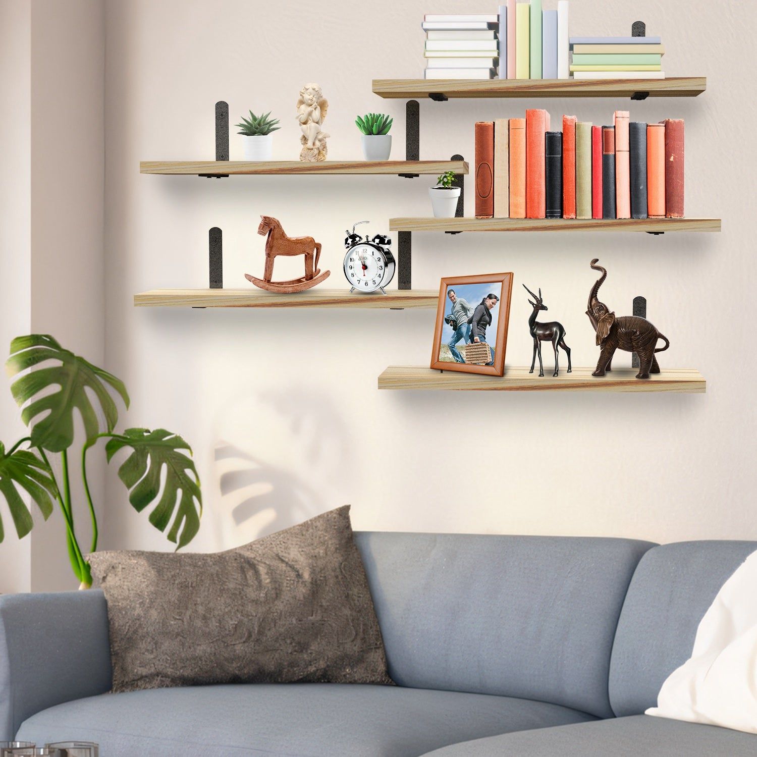 6 Set Wood Floating Shelves with Metal Wall Brackets
