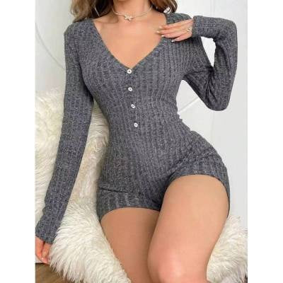 Rib Knit Long Sleeve Jumpsuit Slim Fit Short Length Relaxed Waist