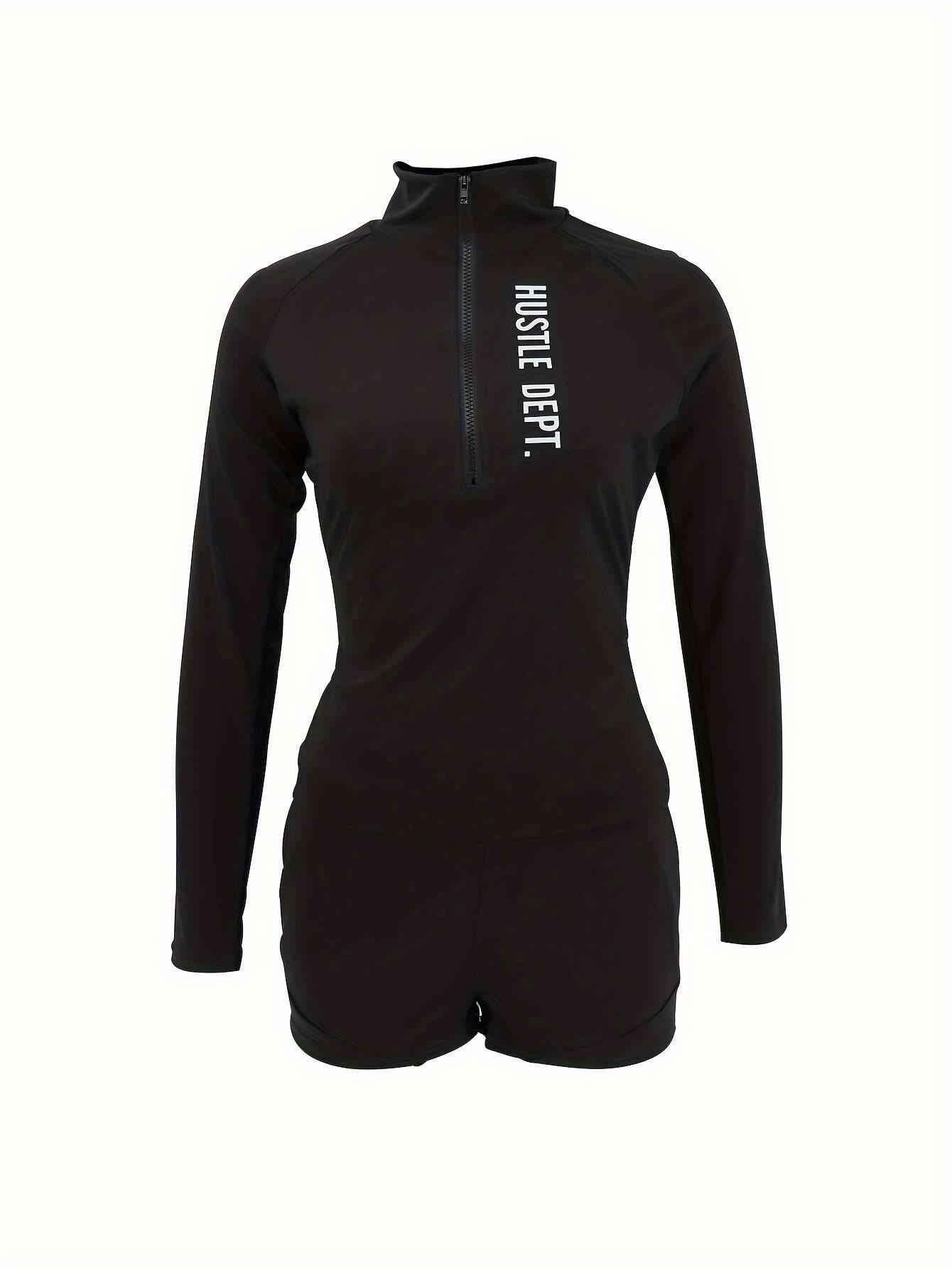 Women's Casual Two-Piece Set, Half-Zip Long Sleeve Top with Letter Print and Matching Shorts, Trendy Versatile Outfit