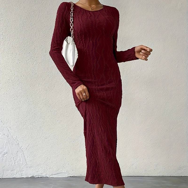 Ribbed Bodycon Midi Dress with Crew Neck Long Sleeves