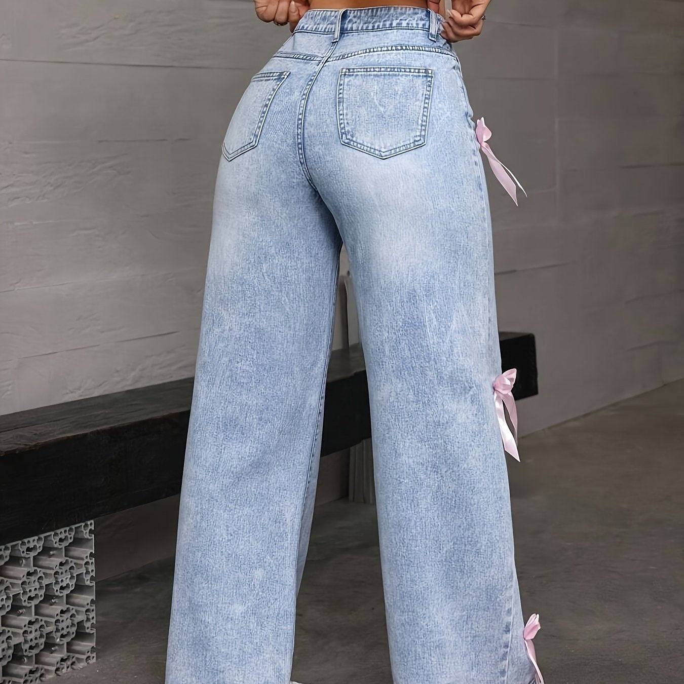 Women’s Washed Jeans Loose Wide-Leg Denim with Bow Patchwork Sweet Street Style for Valentine’s Day
