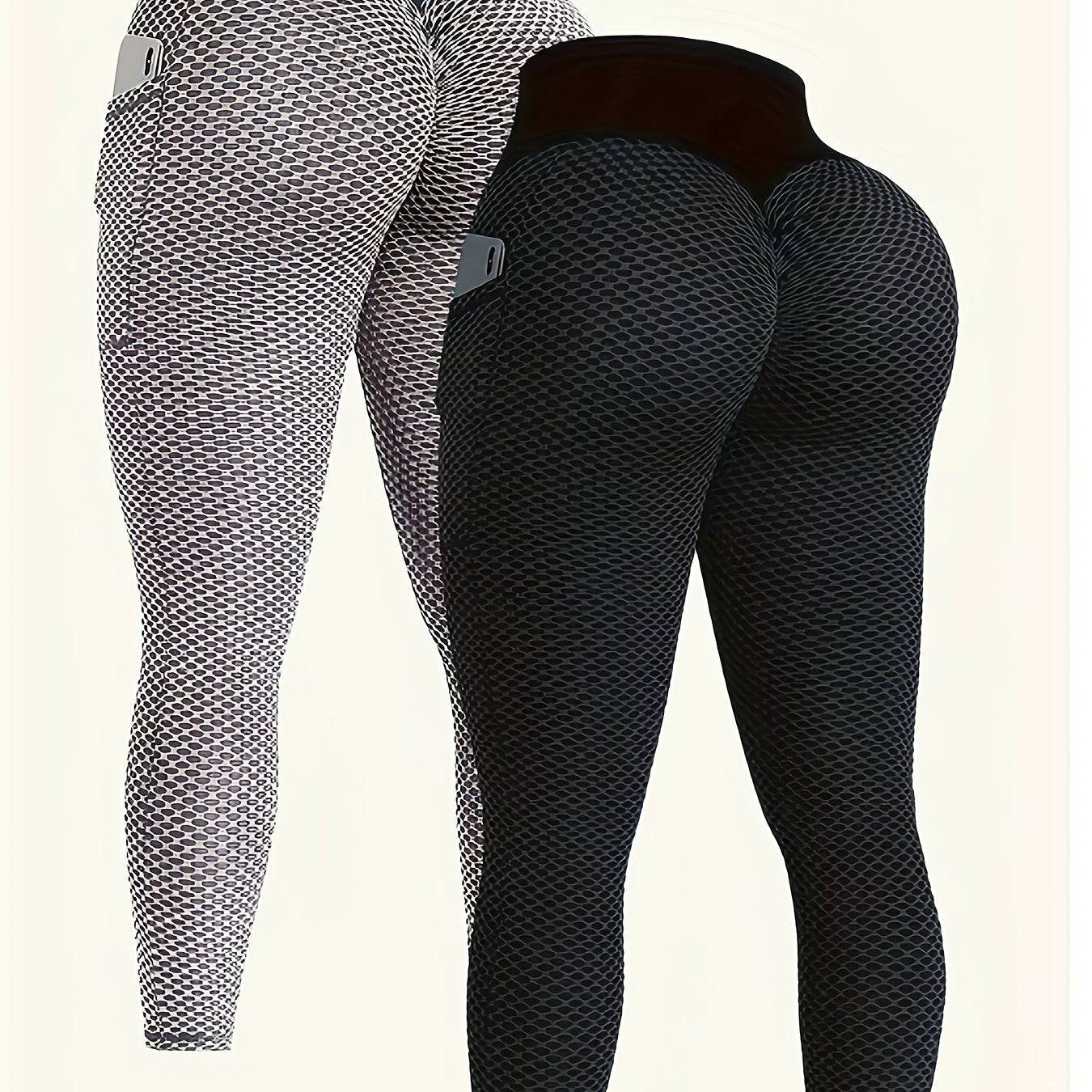 2-Pack Women's High-Waisted Leggings with Pockets, Honeycomb Texture Tummy Control and Hip-Lifting Compression Fit, 7/8 Length Workout Pants