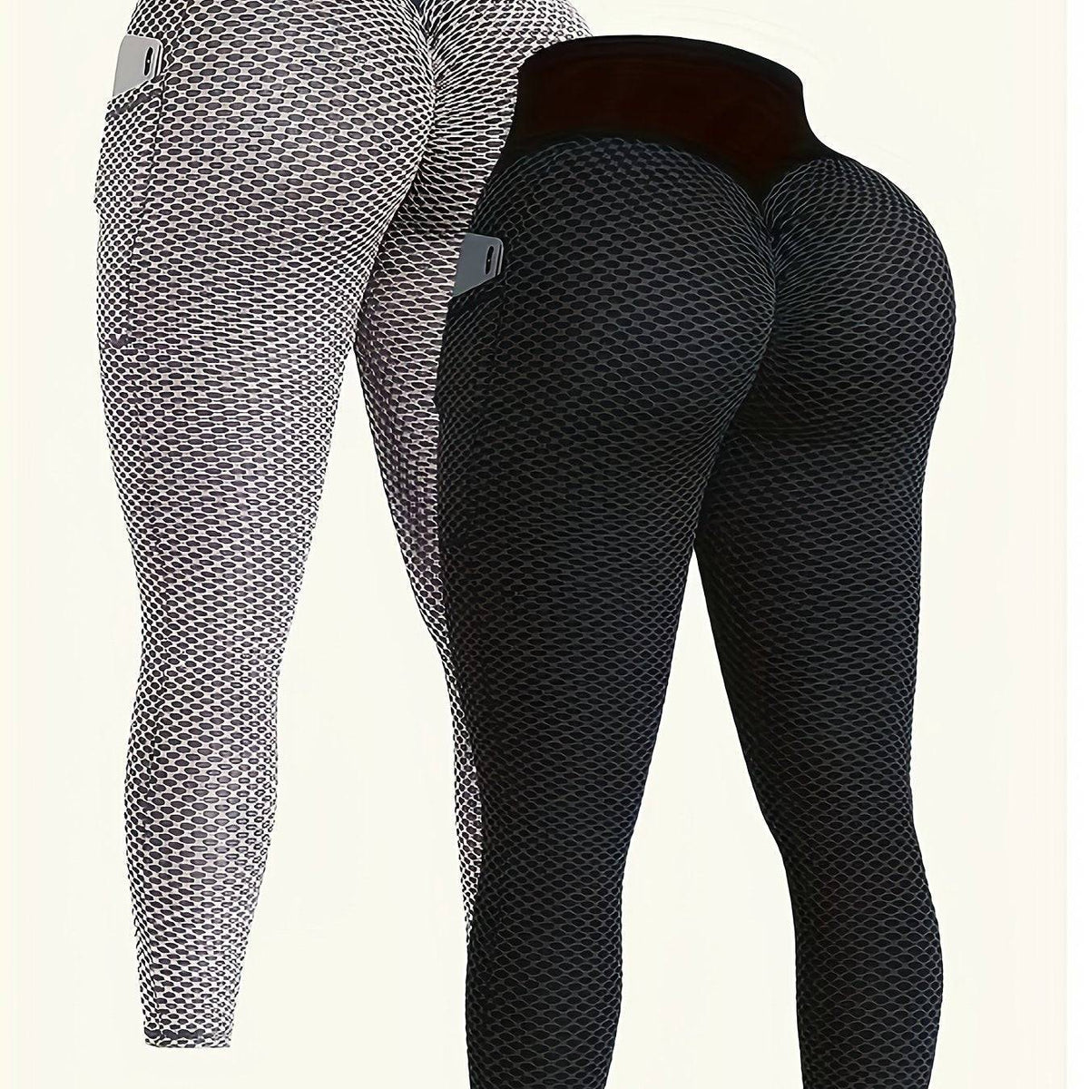 2-Pack Women's High-Waisted Leggings with Pockets, Honeycomb Texture Tummy Control and Hip-Lifting Compression Fit, 7/8 Length Workout Pants