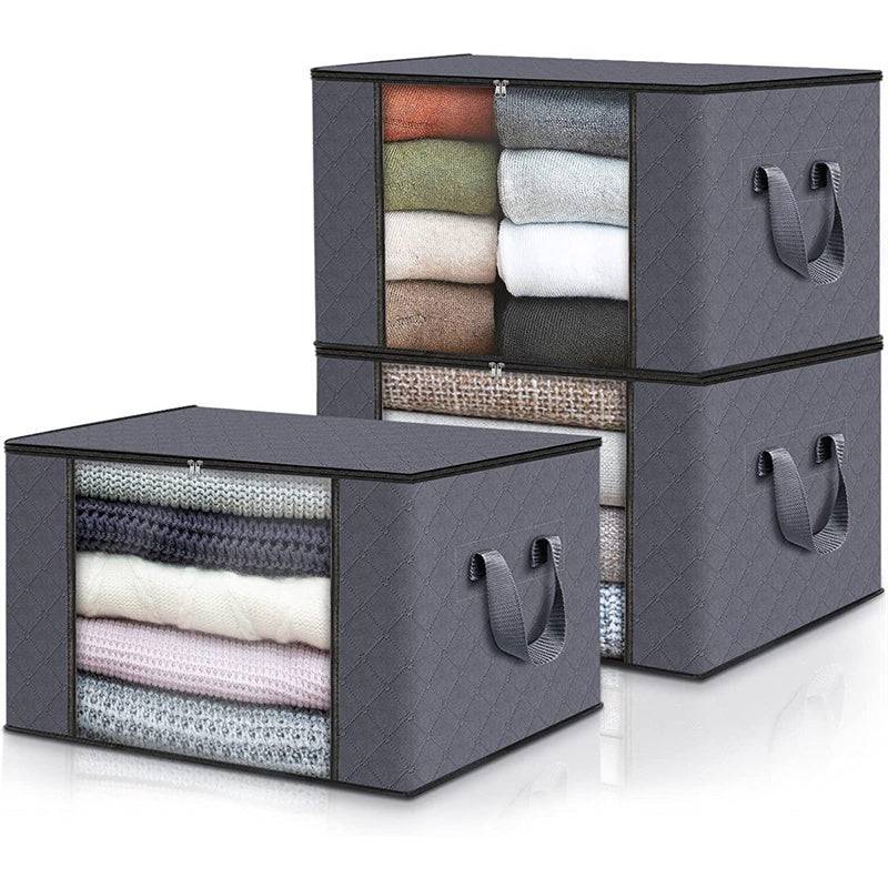 3-Pack Large Capacity Foldable Storage Bins, Grey Woven Fabric Boxes for Bedroom, Dorm, Wardrobe or Under-Bed Organization