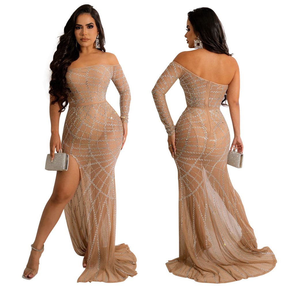 European Style Sexy Off-the-shoulder See-through Hot Drilling High Slit Dress - PMMNAPOLES