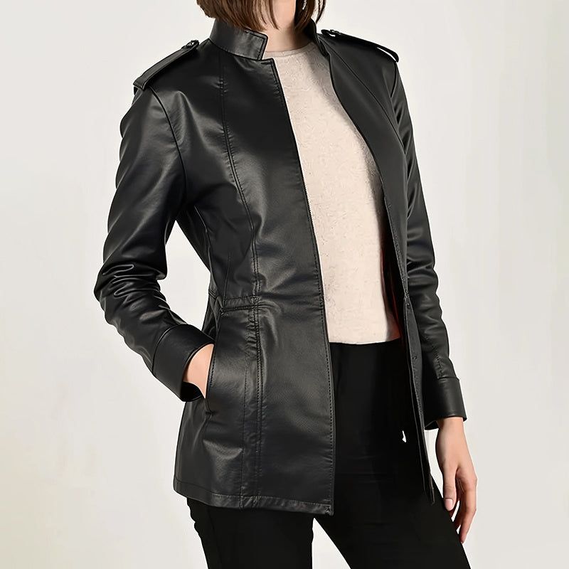 Vintage PU Leather Jacket with Stand Collar and Longline Fit