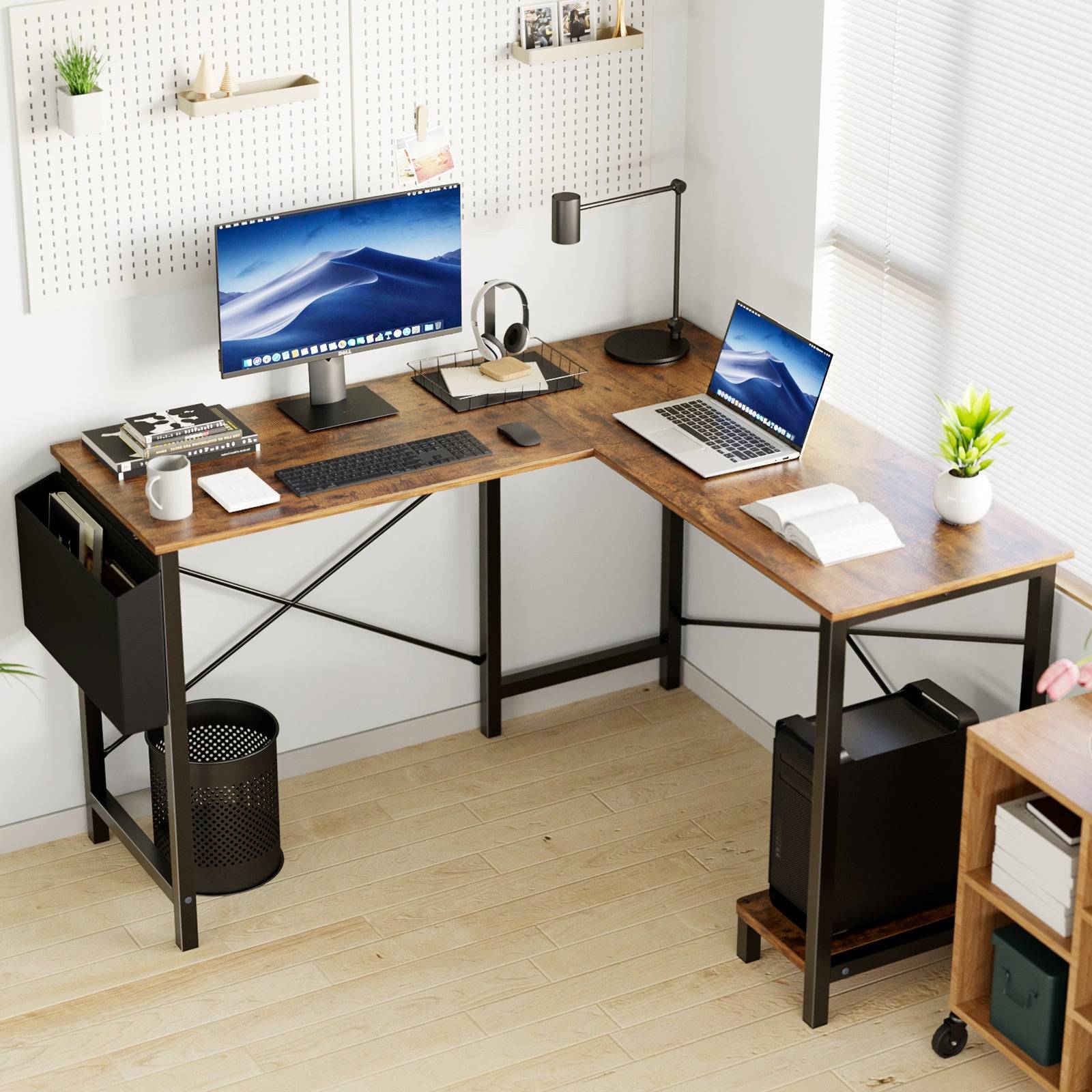 Computer Desk 49 Inch L Shaped MDF Wood Steel Frame Shelf