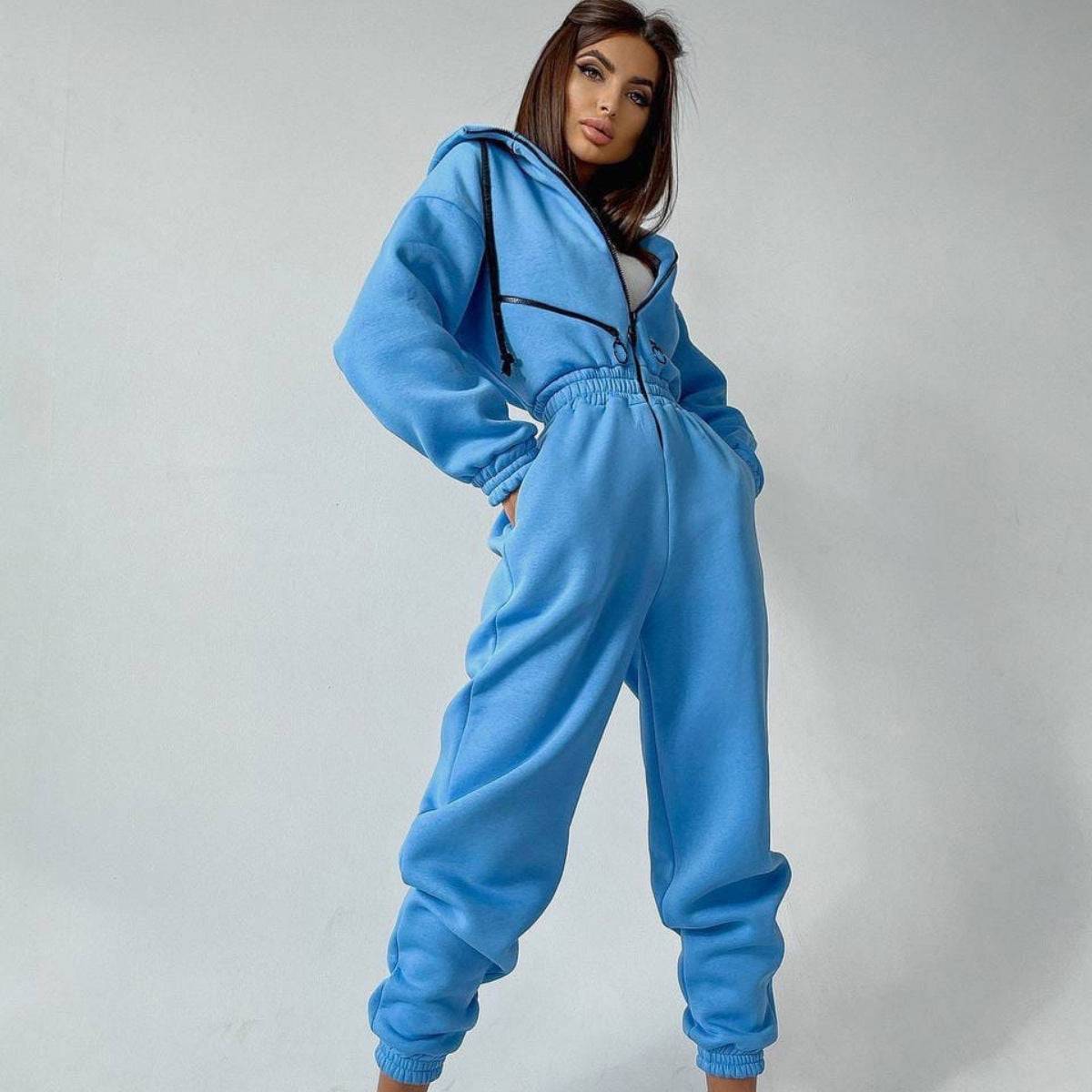 Womens Hooded Jumpsuit Long Sleeve Cotton Blend Stretch