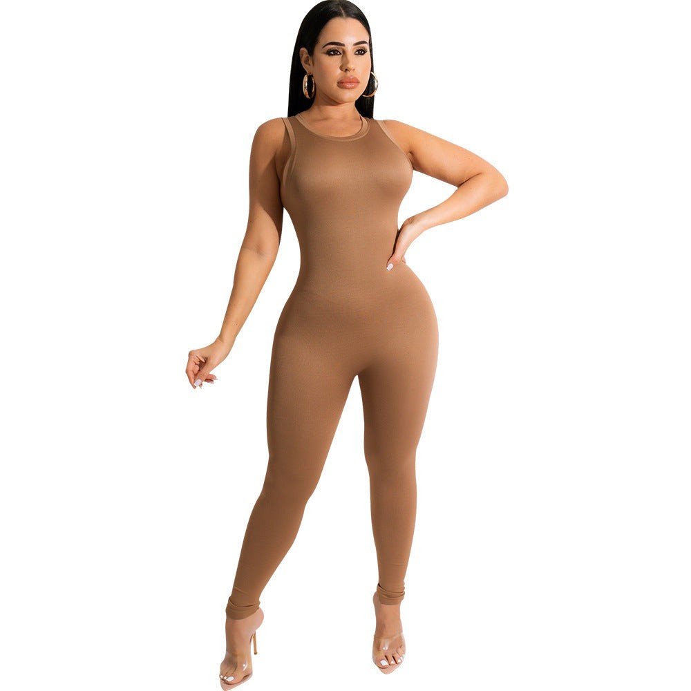 Women’s Casual Sleeveless Jumpsuit Slim Fit Mid Waist Zipper Polyester Spandex Blend Long Trousers