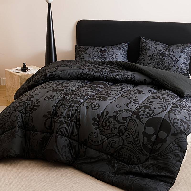 Gothic Skull Quilt Set 3-Piece – Black & Gray Baroque Comforter with Pillowcases, 180gsm Padded