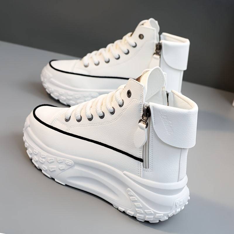 Women’s High-Top Color-Block Sports Shoes – Synthetic Leather Upper, Thick PVC Sole with Lace-Up & Buckle Straps for Outdoor Casual Wear