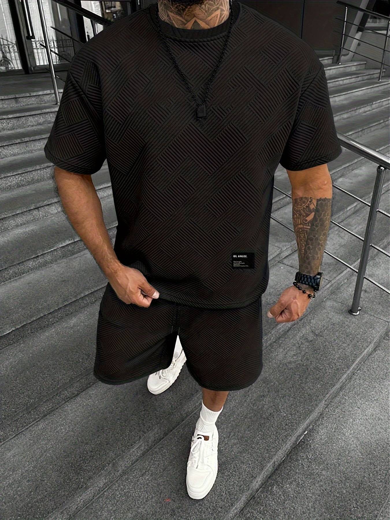 Men's Summer Two-Piece Set, Dark Stripe Texture Short Sleeve Shirt and Matching Shorts, Casual Polyester Outfit for Beach or Daily Wear