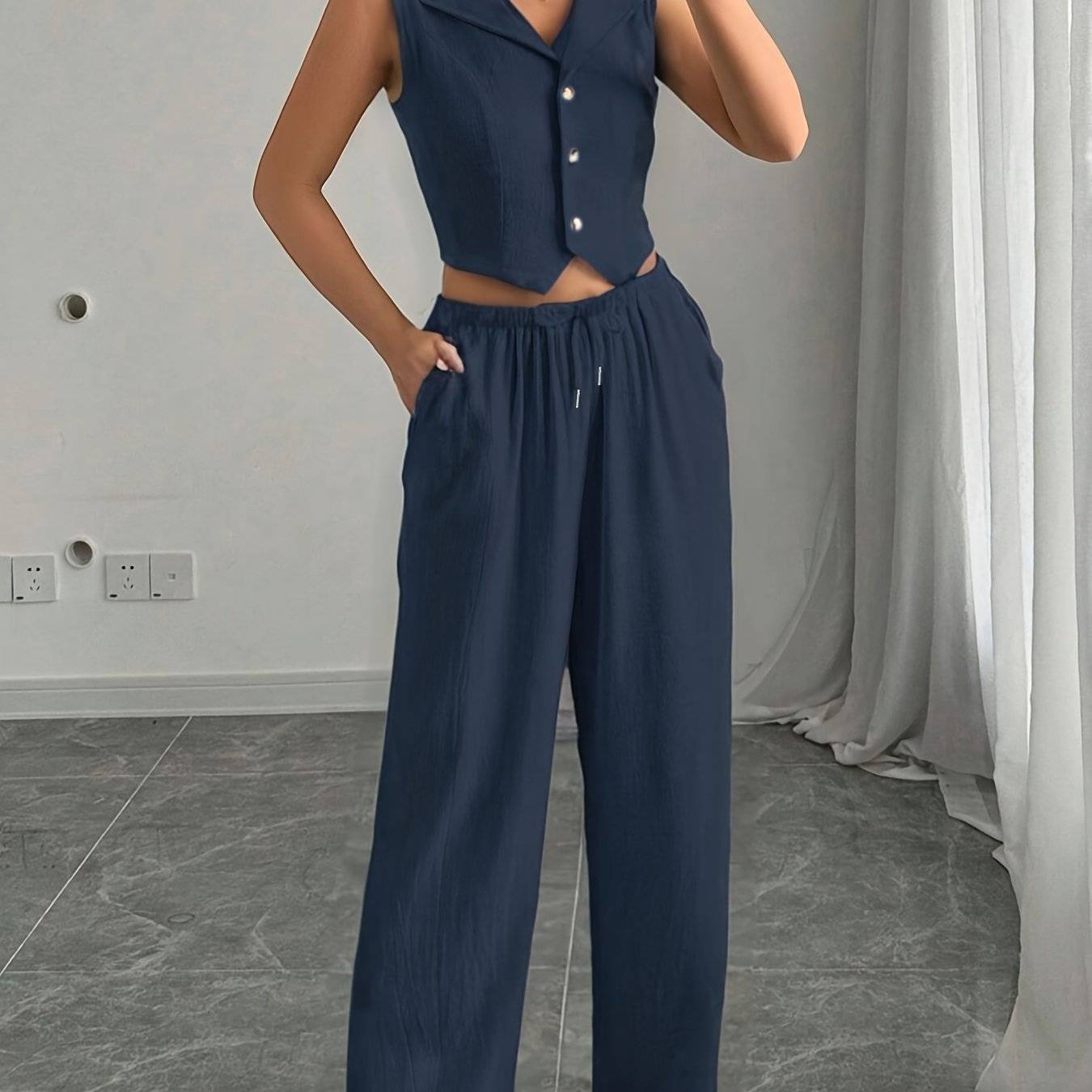 Women’s Two-Piece Set – Sleeveless Blazer Collar Top & Casual Pants for Work, Outings & Holidays