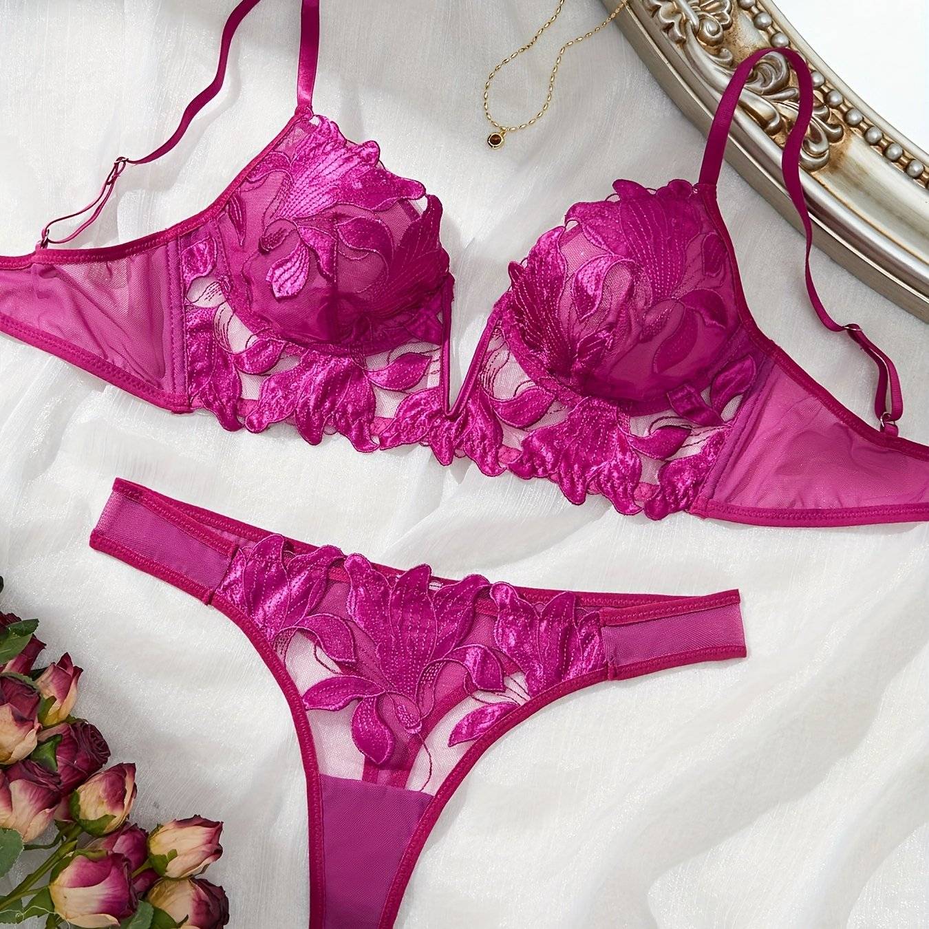 Women's Mesh Floral Embroidery Lingerie Set – Transparent Deep V Bra & Underwear, Elegant Matching Set