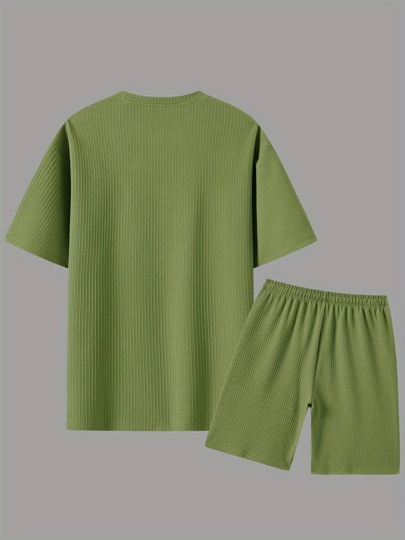 2pcs Men’s Summer Outfit Set – Short-Sleeve T-Shirt & Stretch Shorts in Textured Jacquard Fabric for Casual, Fitness & Beach Wear