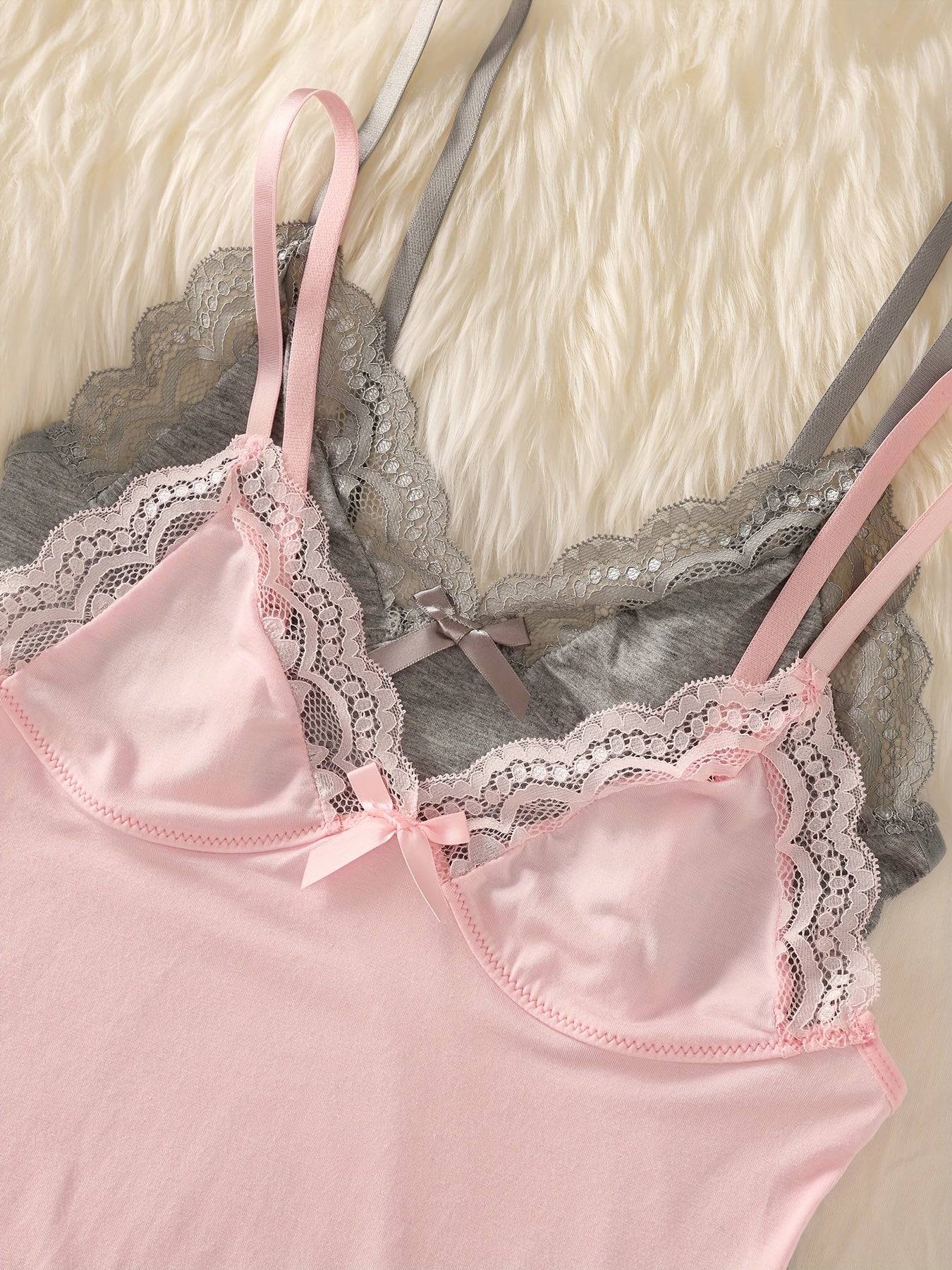 2-Pack Women's Lace Nightgown – Soft Modal Babydoll Sleepwear with Adjustable Straps, V-Neck & Side Slit for Summer Comfort