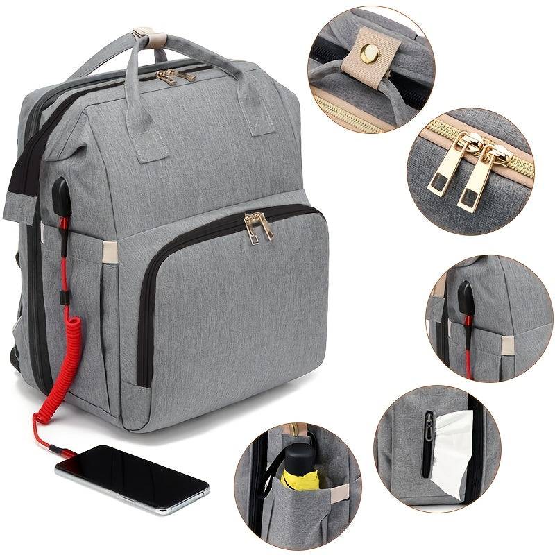 Multifunctional mommy backpack with foldable portable baby crib, double shoulder straps, stroller-friendly and large capacity