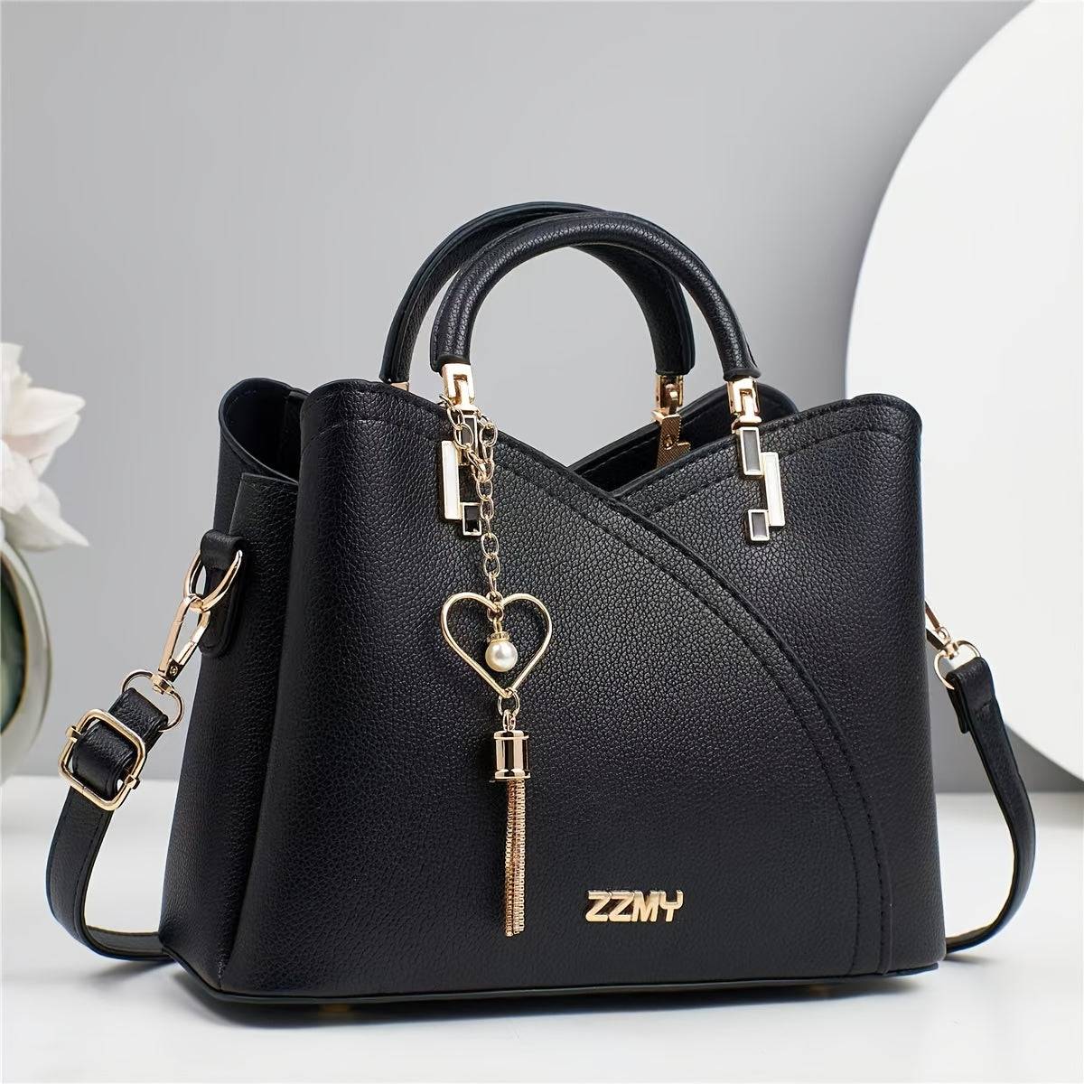 Elegant Women's Shoulder Bag with Heart Charm Lychee Texture Crossbody Strap & Magnetic Closure