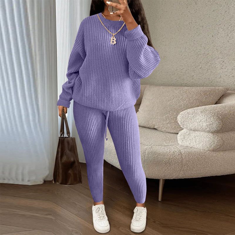 Women’s Ribbed Knit Sweater and Pants Set Loose Pullover Top with Drawstring Trousers