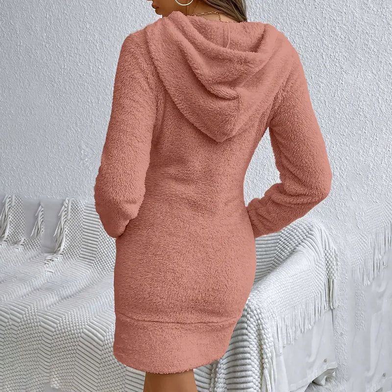 Fuzzy Hoodie Dress With Slim Fit And Front Pocket