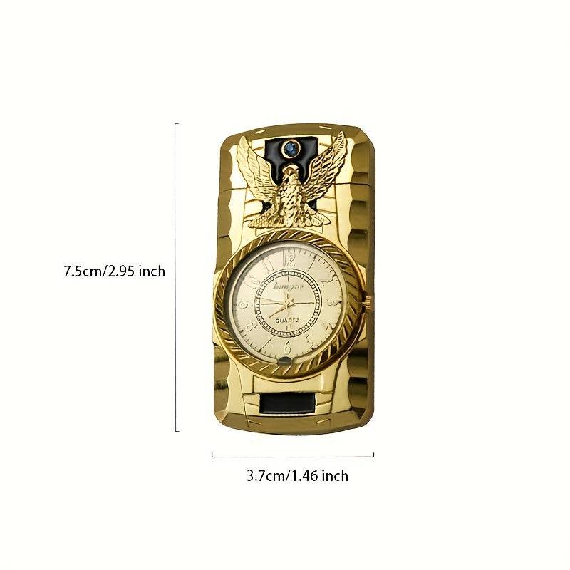 Retro Watch-Style Torch Lighter Windproof Refillable Metal Butane with Compass & Roman Numerals Golden Green Accents for Outdoor Use