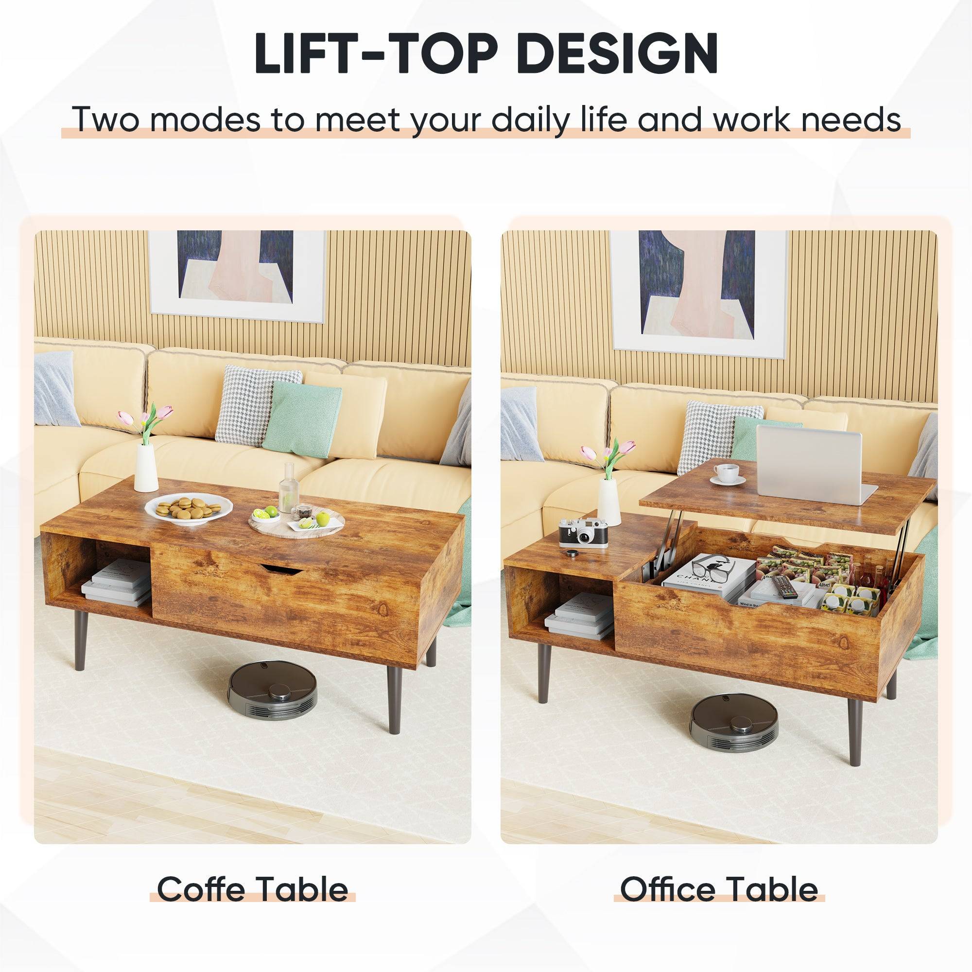 Lift Top Coffee Table With Storage And Side Shelves