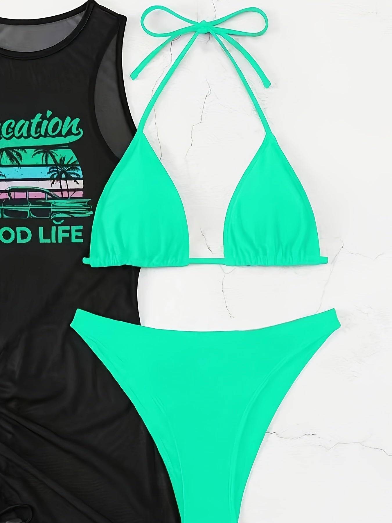 Close-up of neon green Women’s Knot-Tie Bikini Set with triangle top and high-cut bottom, styled with black mesh cover-up dress with ruched side.