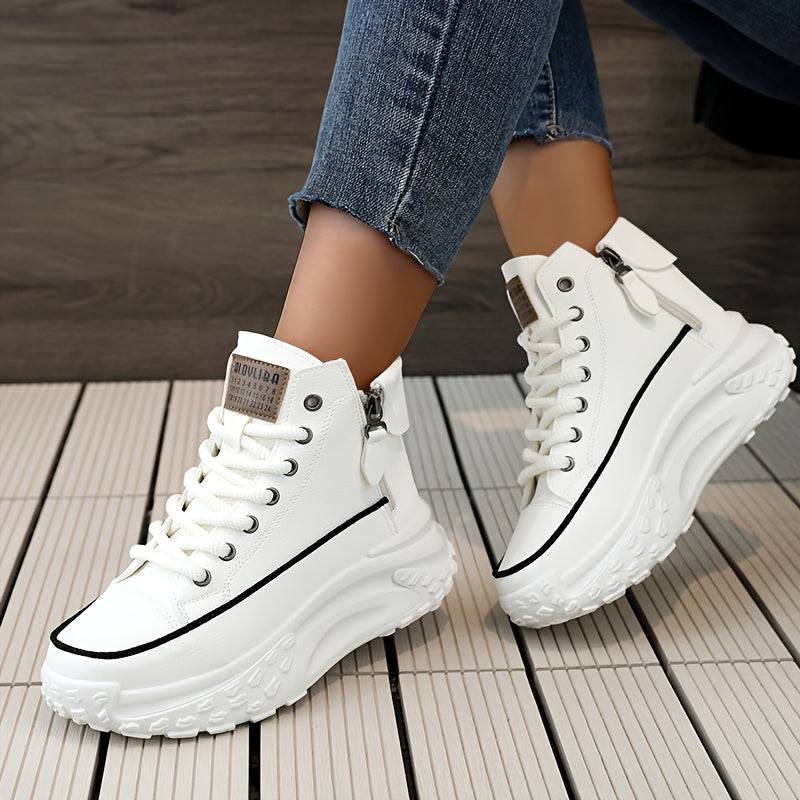Women’s High-Top Color-Block Sports Shoes – Synthetic Leather Upper, Thick PVC Sole with Lace-Up & Buckle Straps for Outdoor Casual Wear