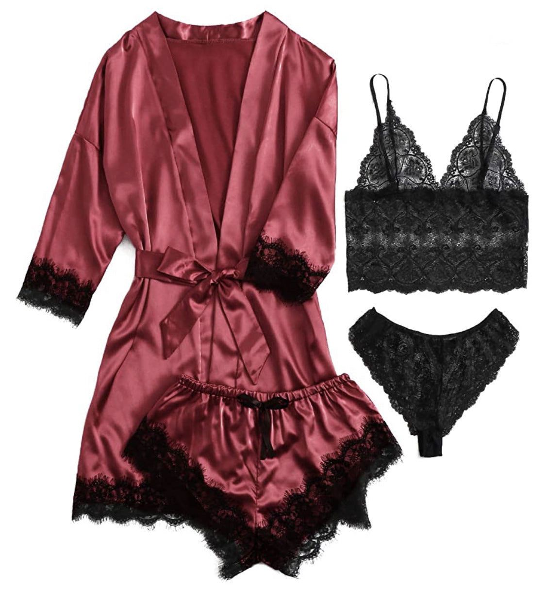 Womens Satin Pyjamas Four Piece Loungewear Sleep Set