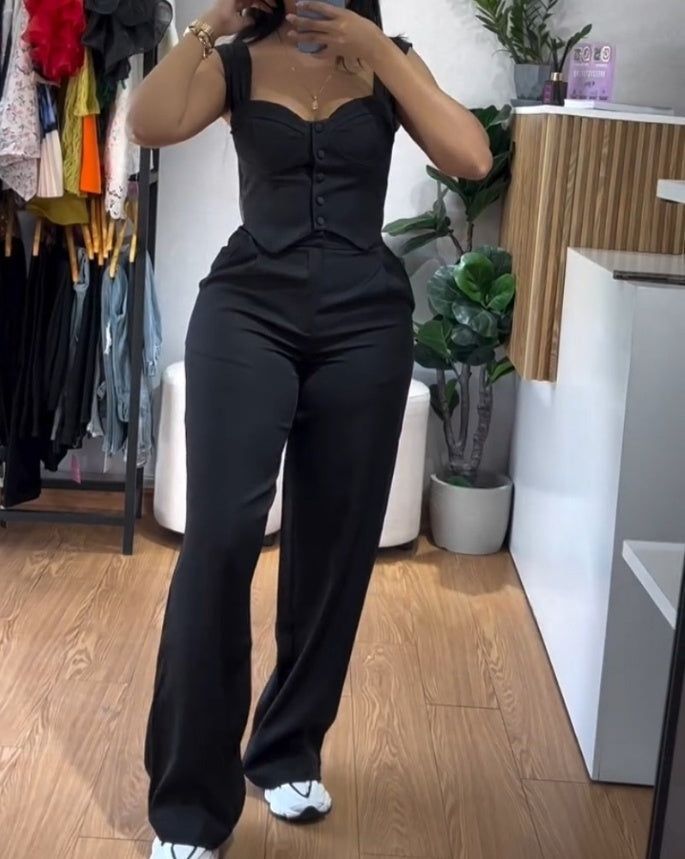 Women’s Two-Piece Vest Suit Apricot Spaghetti Strap Crop Top with High Waist Wide Leg Trousers