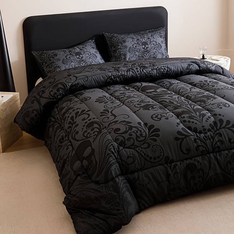 Gothic Skull Quilt Set 3-Piece – Black & Gray Baroque Comforter with Pillowcases, 180gsm Padded