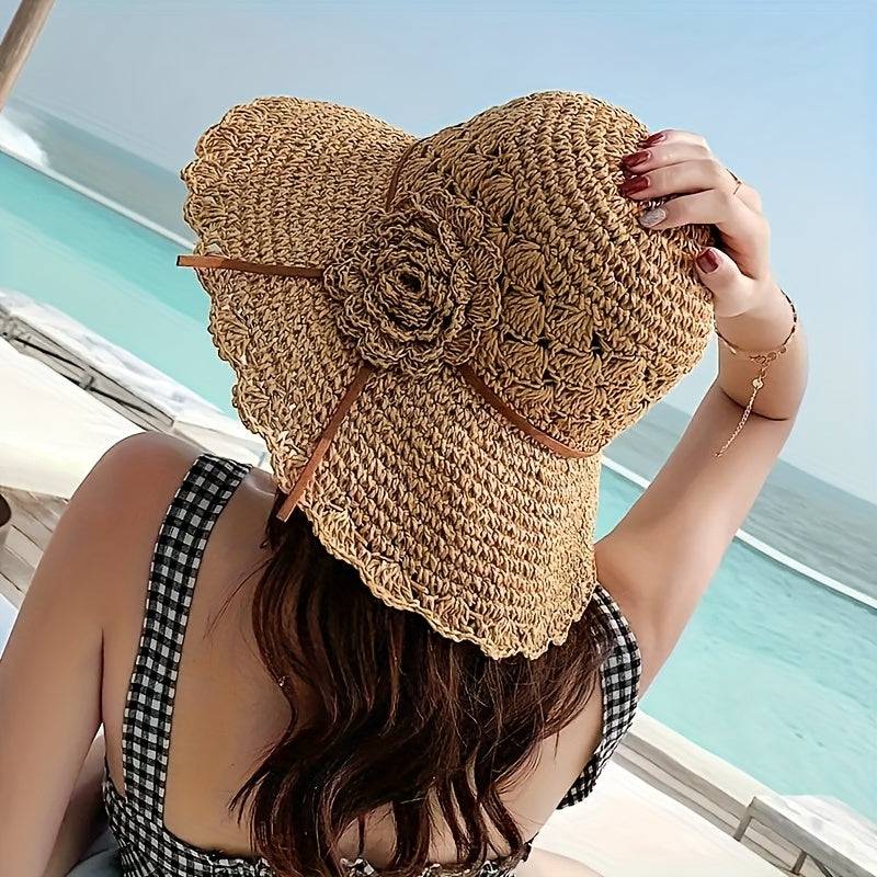 Women's breathable straw bucket hat with floral crochet detail, wide brim sun protection for outdoor and casual wear