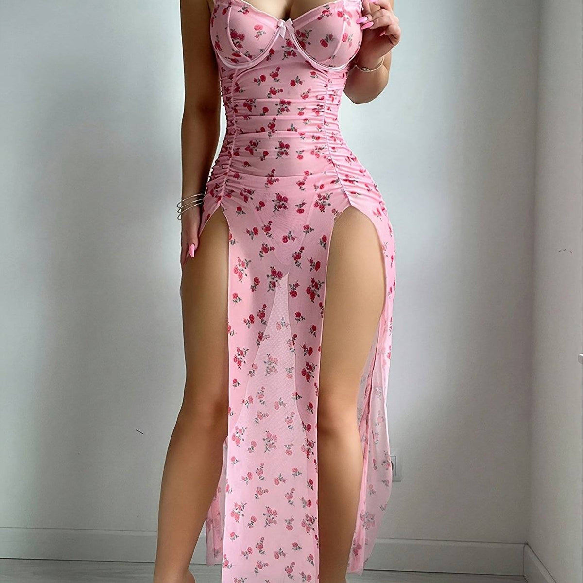 Women's Elegant Semi-Sheer Slip Dress Sets, Floral Polka Dot Nightdress with Ruffle Straps, V-Neck, Open Back, Side Slits and Thong