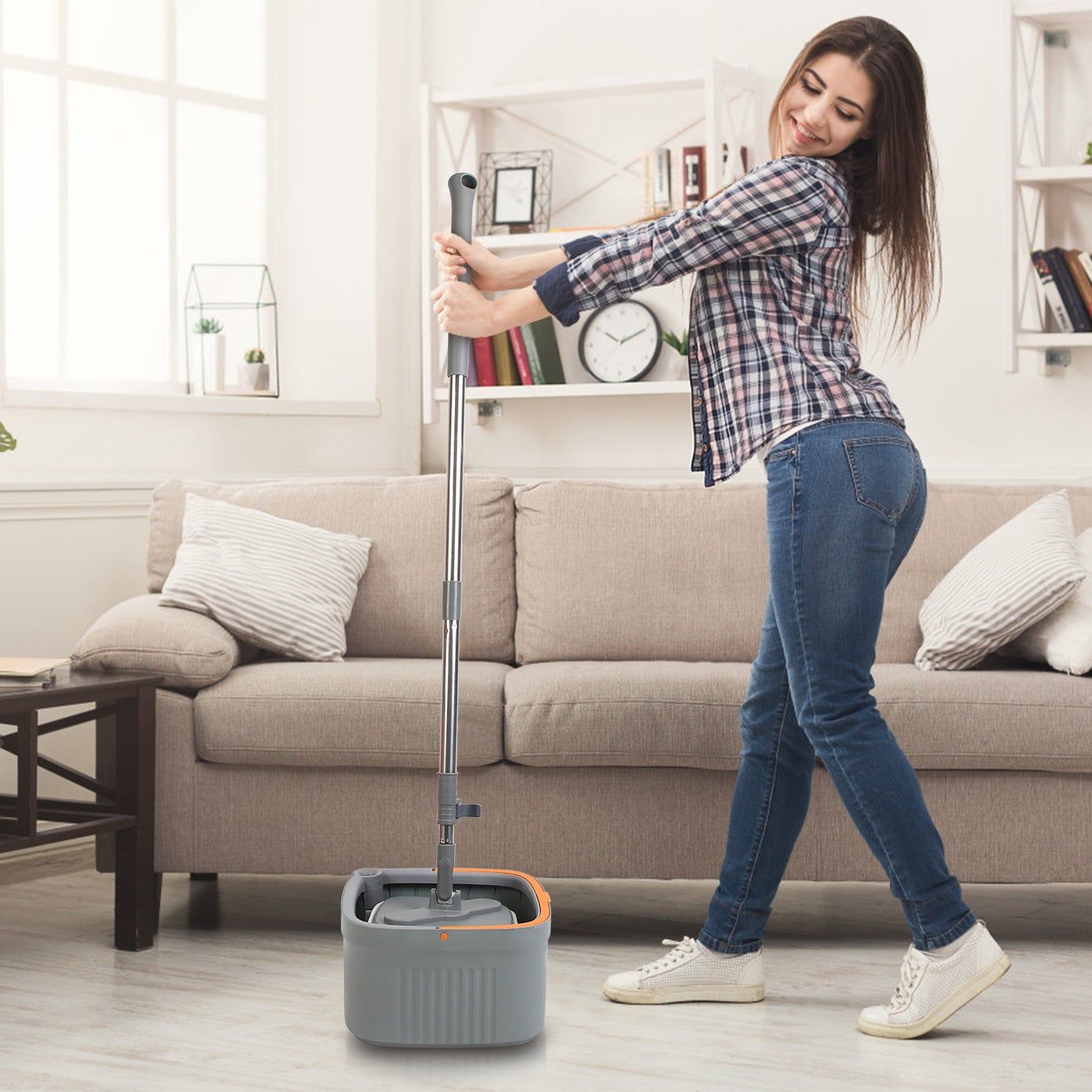 Spin Mop with Dual Compartment Bucket and Microfiber Pads