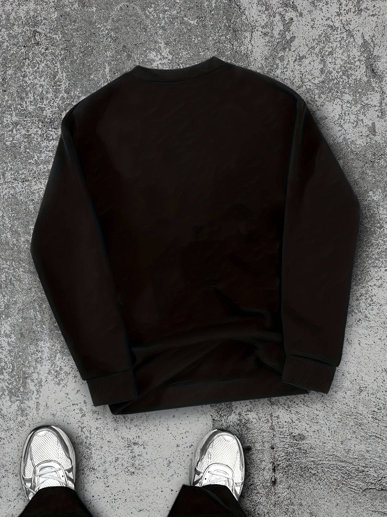 Men's NYC Streetwear Sweatshirt, Black Heavyweight Polyester Pullover with Crew Neck and Long Sleeves, Casual Urban Style for Daily Wear