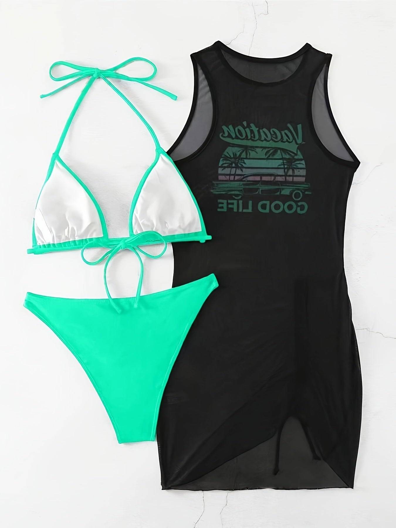 Back view of Women’s Knot-Tie Bikini Set in neon green with adjustable ties and black mesh cover-up dress with side slit and graphic print.